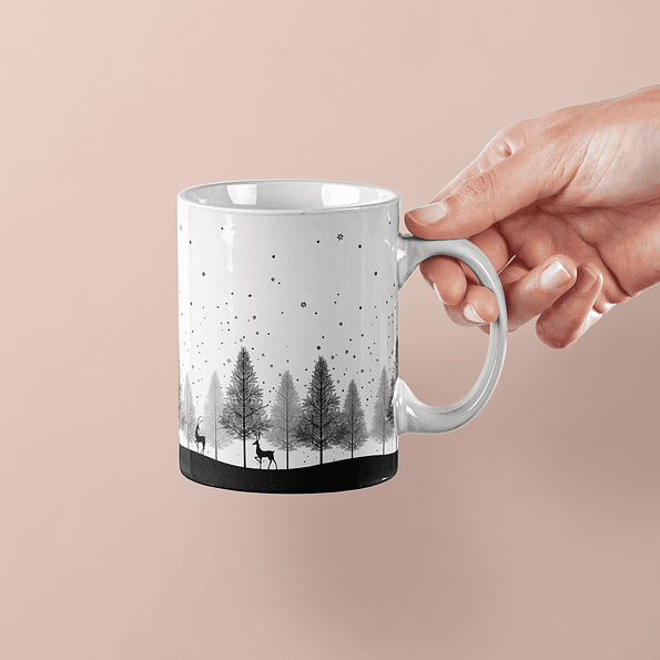 Tazón Navideño con Paisaje de Árboles y Renos en Blanco y Negro – Diseño Elegante para esta Navidad 1