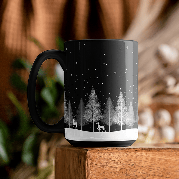 Tazón Navideño con Paisaje de Árboles y Renos en Blanco y Negro – Diseño Elegante para esta Navidad 4
