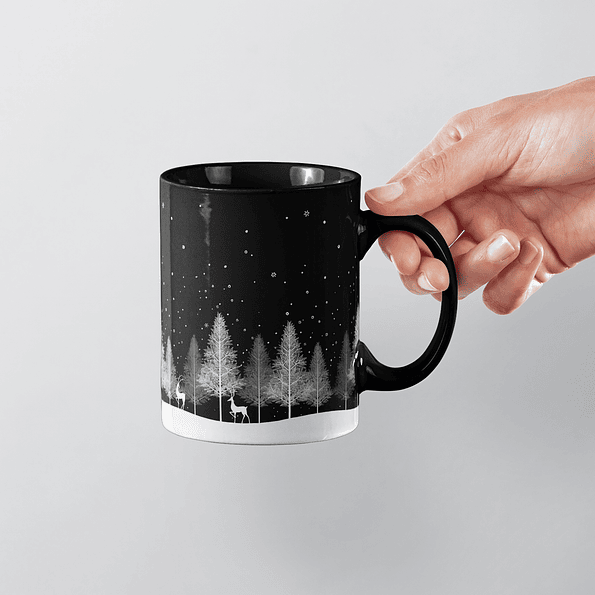 Tazón Navideño con Paisaje de Árboles y Renos en Blanco y Negro – Diseño Elegante para esta Navidad 5