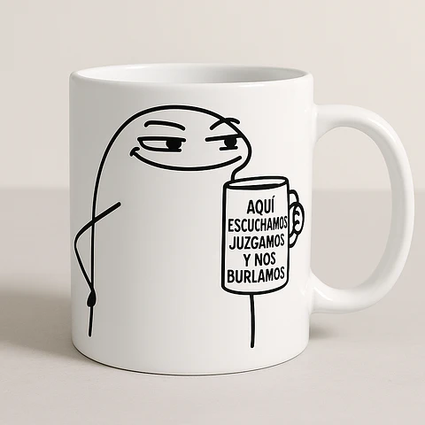 Taza divertida "Aquí escuchamos, juzgamos y nos burlamos" - Estilo Flork | Regalo Sarcástico