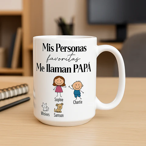 Taza Día del Padre 15 oz – “Mis Personas Favoritas Me Llaman Papá” – Regalo Personalizado con Hijos y Mascotas – Taza para Papá