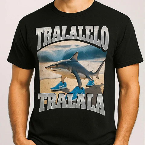 Polera Meme Italiana Viral "Tralalelo Tralala" | Estampado DTF de Tiburón con Zapatillas | Algodón 100%