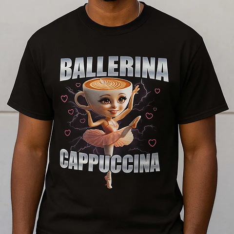 ☕🩰 Polera Meme Viral "Ballerina Cappuccina" | Taza Bailarina Estilo Brainrot 🇮🇹 | 100% Algodón 🖤