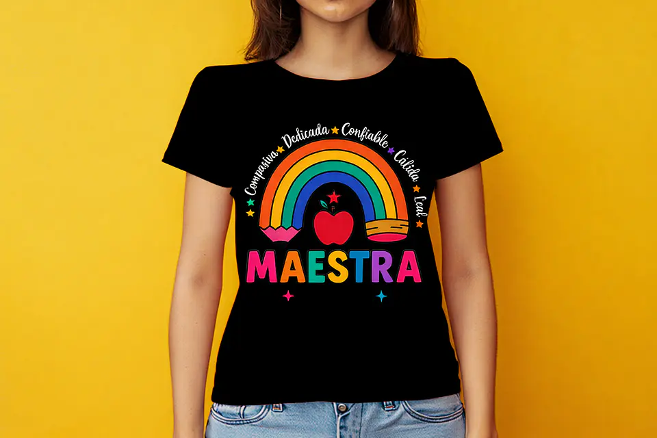 Polera “Maestra” con diseño arcoíris y manzana 🍎 | Regalo ideal para profesoras 2