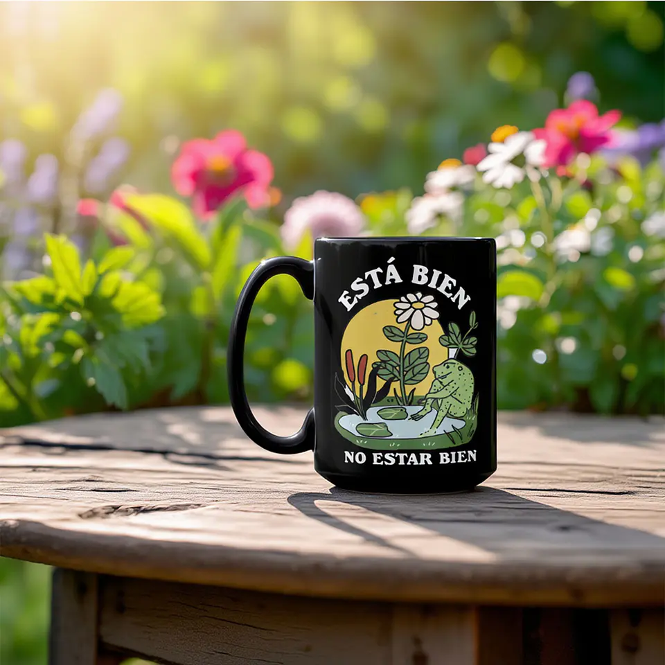 Taza “Está bien no estar bien” 🐸 | Taza motivacional de cerámica negra con diseño positivo 6