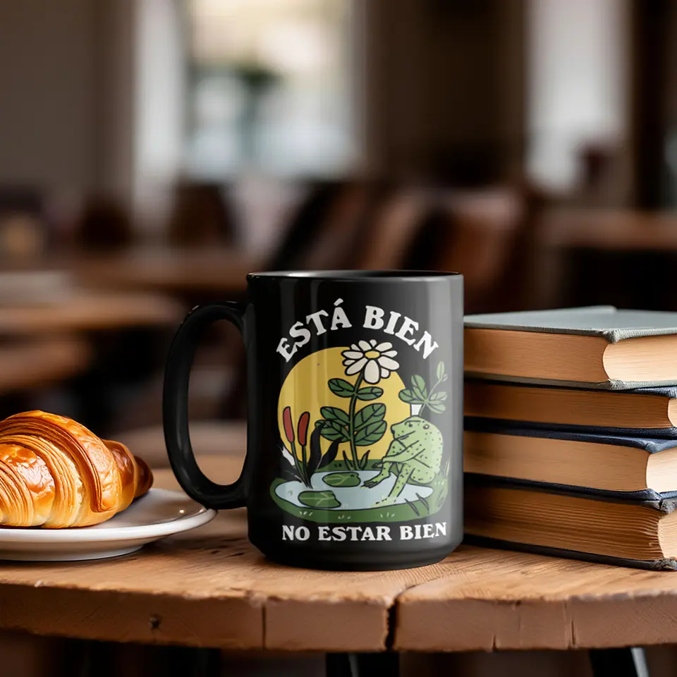 Taza “Está bien no estar bien” 🐸 | Taza motivacional de cerámica negra con diseño positivo 7