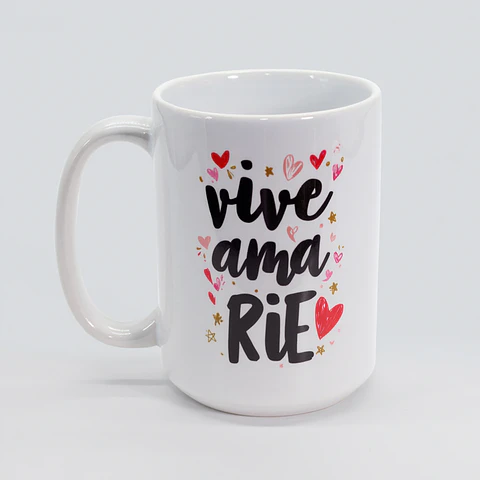 Tazón “Vive Ama Ríe” – Taza Motivacional con Corazones | 11 oz y 15 oz