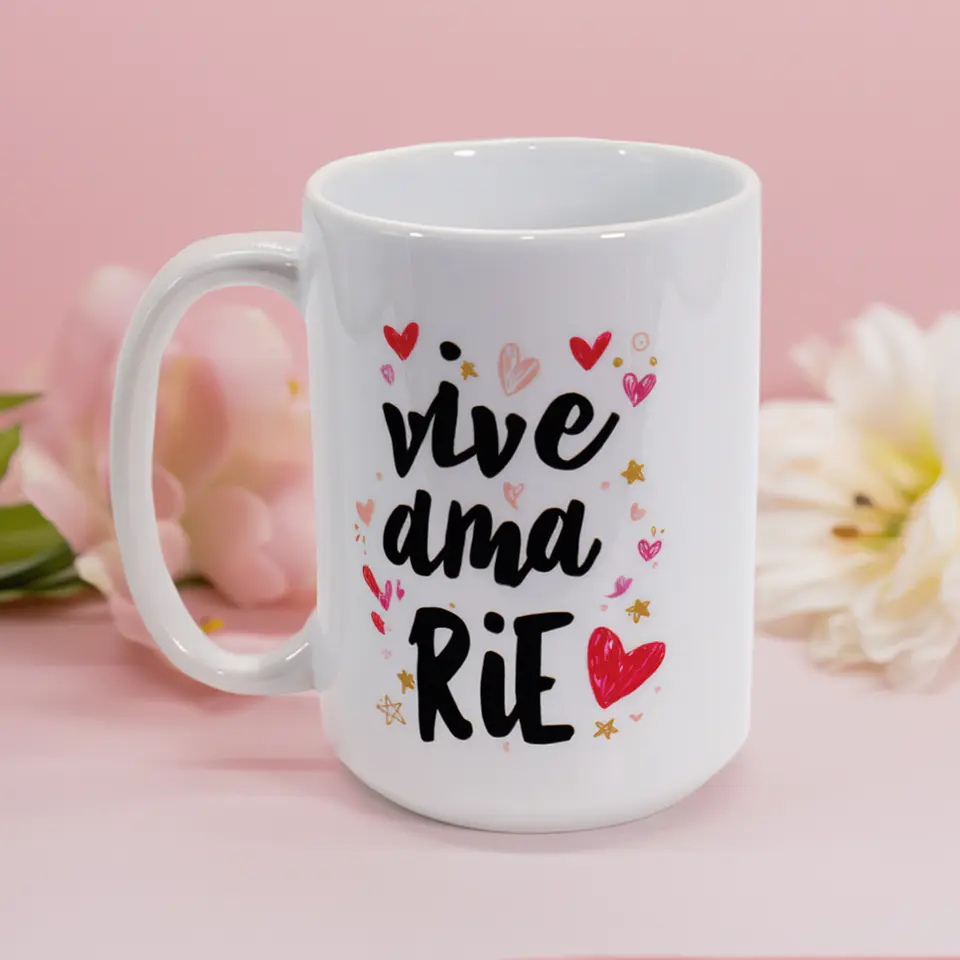 Tazón “Vive Ama Ríe” – Taza Motivacional con Corazones | 11 oz y 15 oz 2
