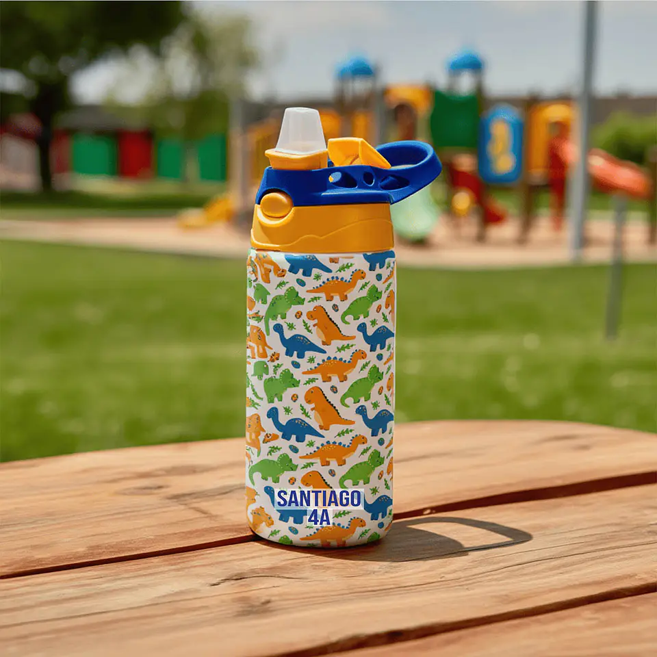 Botella Infantil Dinosaurios Personalizada 500 ml con Nombre y Curso – Aluminio Libre de BPA | Tazasideas.cl 4