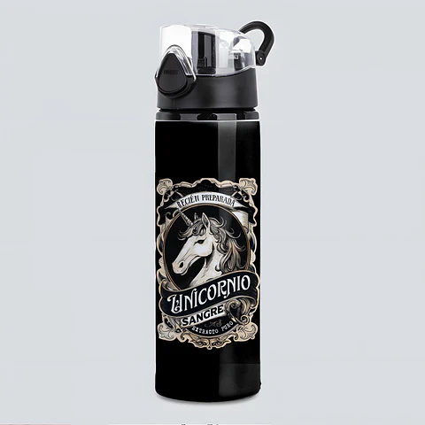 Botella de Aluminio Unicornio “Sangre de Unicornio” 750 ml – Botella Antiderrame con Botón | Diseño Fantasía