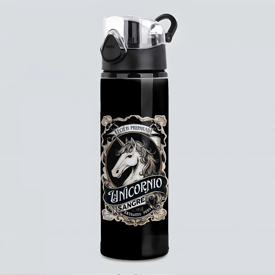 Botella de Aluminio Unicornio “Sangre de Unicornio” 750 ml – Botella Antiderrame con Botón | Diseño Fantasía 1