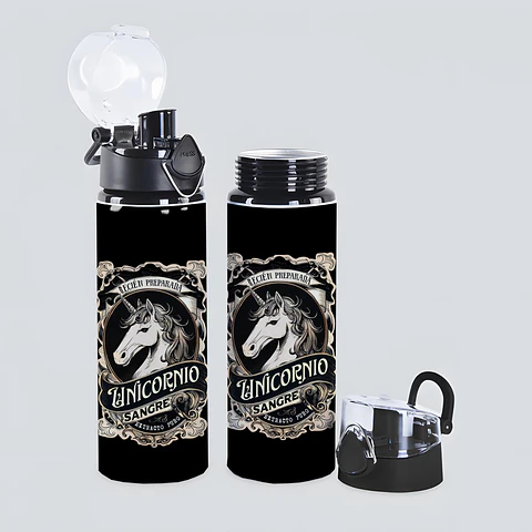 Botella de Aluminio Unicornio “Sangre de Unicornio” 750 ml – Botella Antiderrame con Botón | Diseño Fantasía