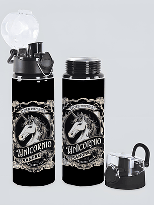 Botella de Aluminio Unicornio “Sangre de Unicornio” 750 ml – Botella Antiderrame con Botón | Diseño Fantasía