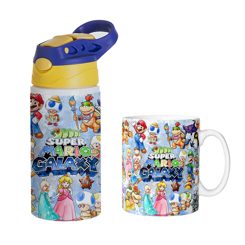 Pack Super Mario Galaxy Botella 750 ml + Taza 11 oz | Set Gamer Infantil