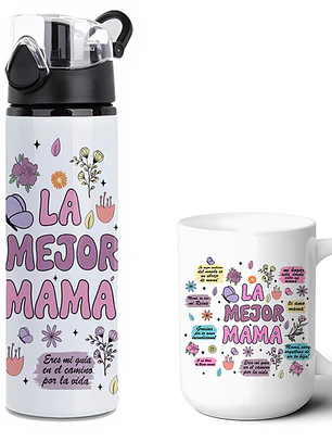 Pack Regalo Día de la Madre Tazón 15oz + Botella 750ml Aluminio La Mejor Mamá