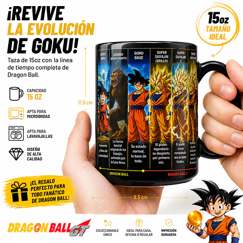 Tazón Dragon Ball Fases de Goku 15oz | Taza Anime Goku Todas sus Transformaciones | Regalo Otaku