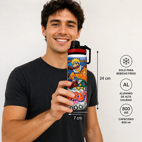 Botella Deportiva Naruto 800ml Aluminio | Antiderrame, Libre BPA, Ideal Bebidas Frías
