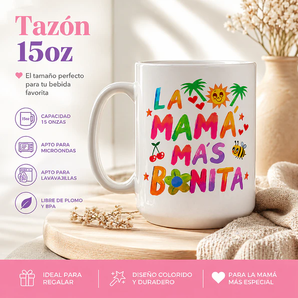 Tazón 15oz “La Mamá Más Bonita” Inspirado en Karol G – Regalo Original Día de la Madre 4