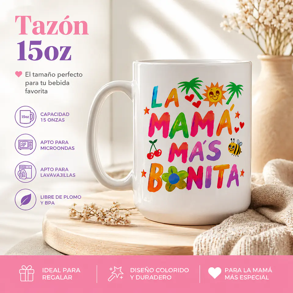 Tazón 15oz “La Mamá Más Bonita” Inspirado en Karol G – Regalo Original Día de la Madre 4