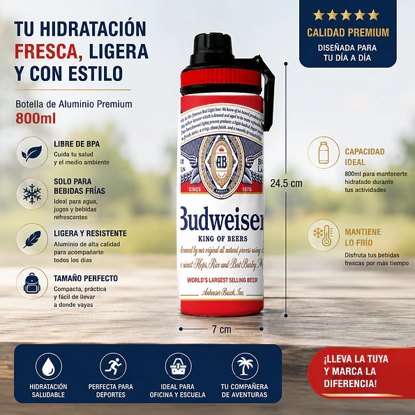 Botella Budweiser 800ml de Aluminio Libre BPA | Botella para Bebidas Frías 5