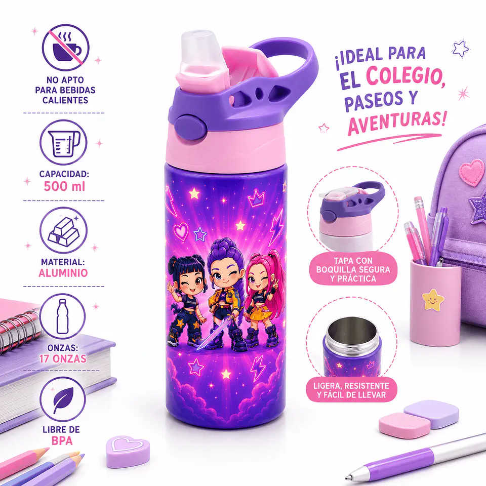Botella K-Pop Demon Hunters 500 ml Personalizable | Aluminio con Boquilla de Seguridad Libre de BPA 4