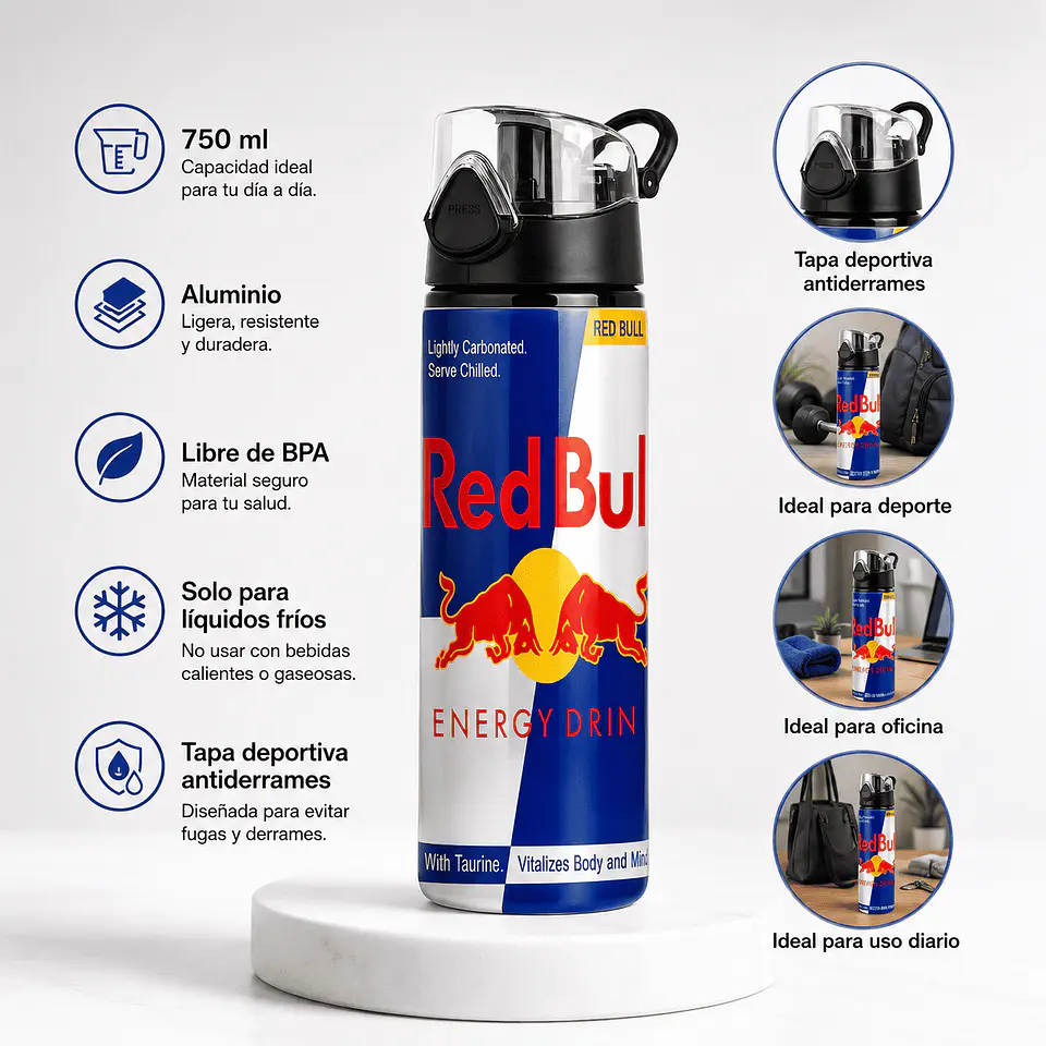 Botella de Aluminio 750 ml Diseño Red Bull | Tapa Deportiva Antiderrames | Libre de BPA 3