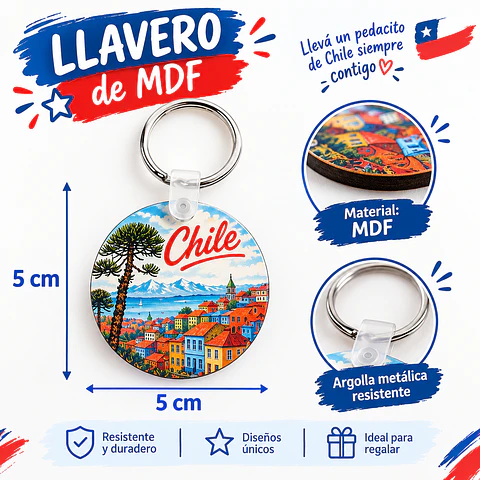 Pack 6 Llavero de Chile MDF 5x5 cm | Souvenir Chileno y Recuerdo de Chile