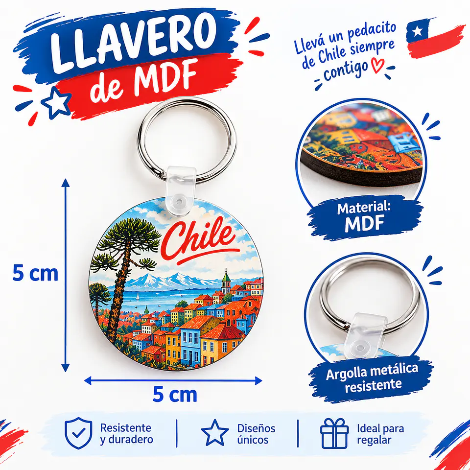 Pack 6 Llavero de Chile MDF 5x5 cm | Souvenir Chileno y Recuerdo de Chile 2