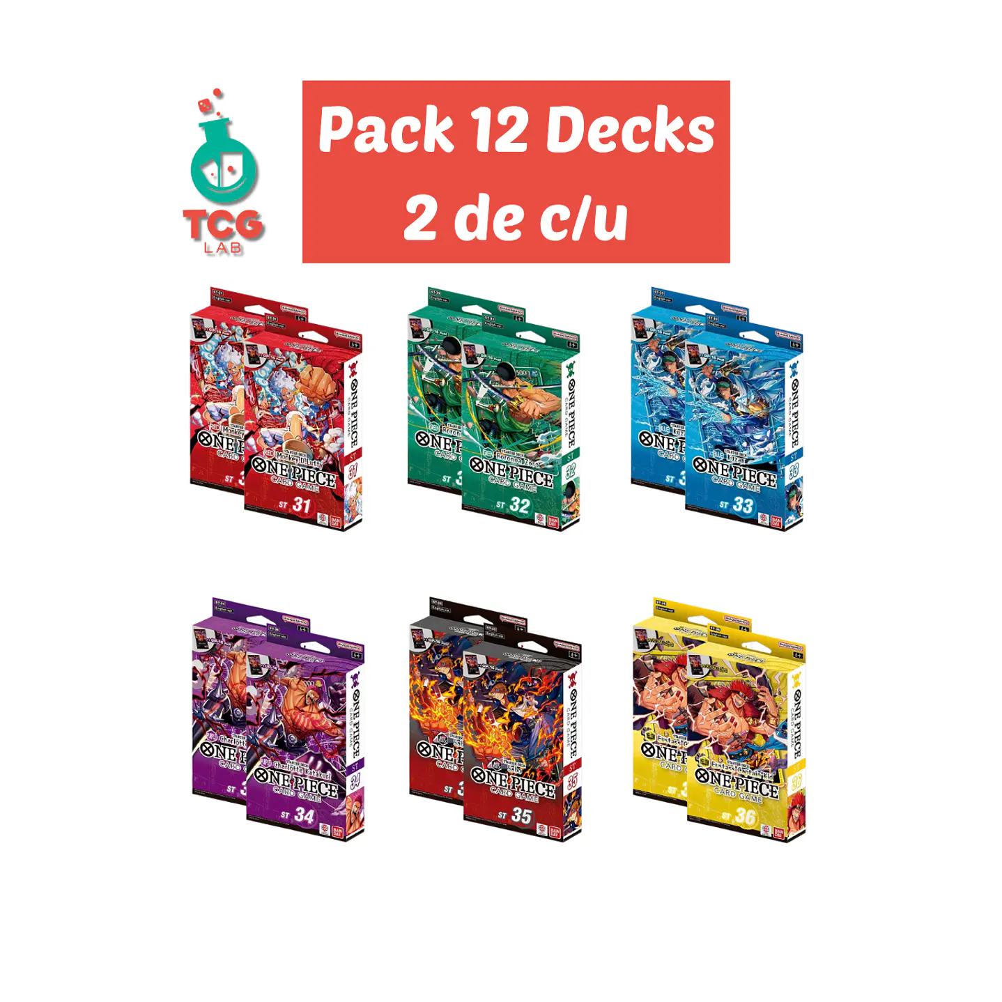 One Piece Card Game: ST31, ST32, ST33, ST34, ST35 Y ST36 (2 copias de cada mazo, 12 en total)