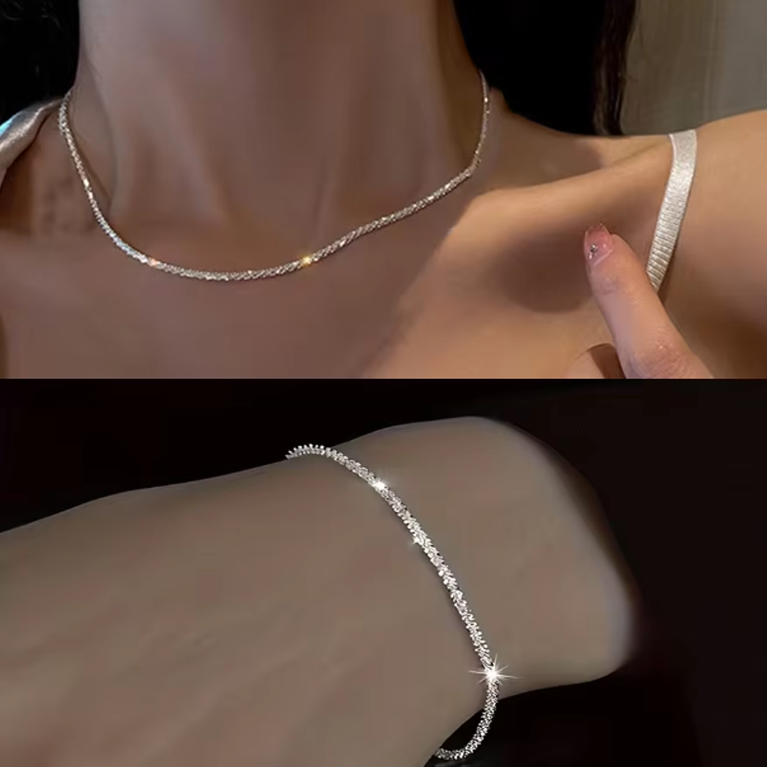 Conjunto Colar e Pulseira brilhante Banhados a Prata 1