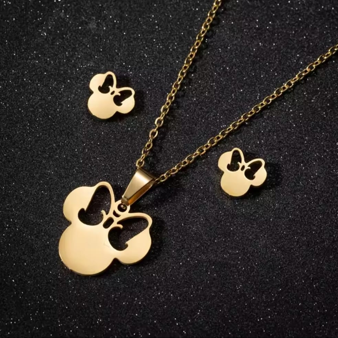 Conjunto de Colar e Brincos em Aço Inoxidável – Estilo Minnie 1