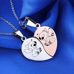 Colar Duplo Stitch e Angel em Aço Inoxidável – Prateado e Bronze