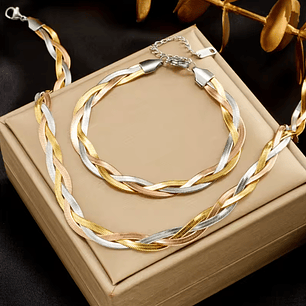 Conjunto Colar e Pulseira Trançados em Aço Inoxidável