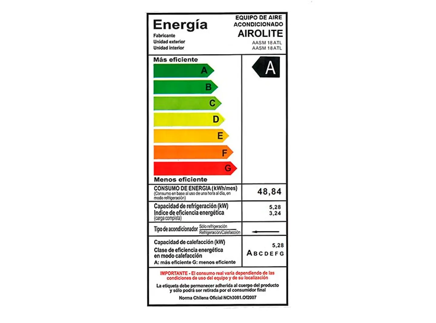 AIRE ACONDICIONADO AIROLITE SPLIT MURO ECOLOGICO ON/OFF 18000 BTU/H WIFI 6
