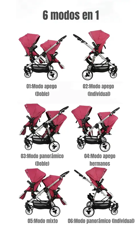 COCHE DOBLE DUO RECLINABLE 6 MODOS EN 1 LUBABYCAS NEGRO