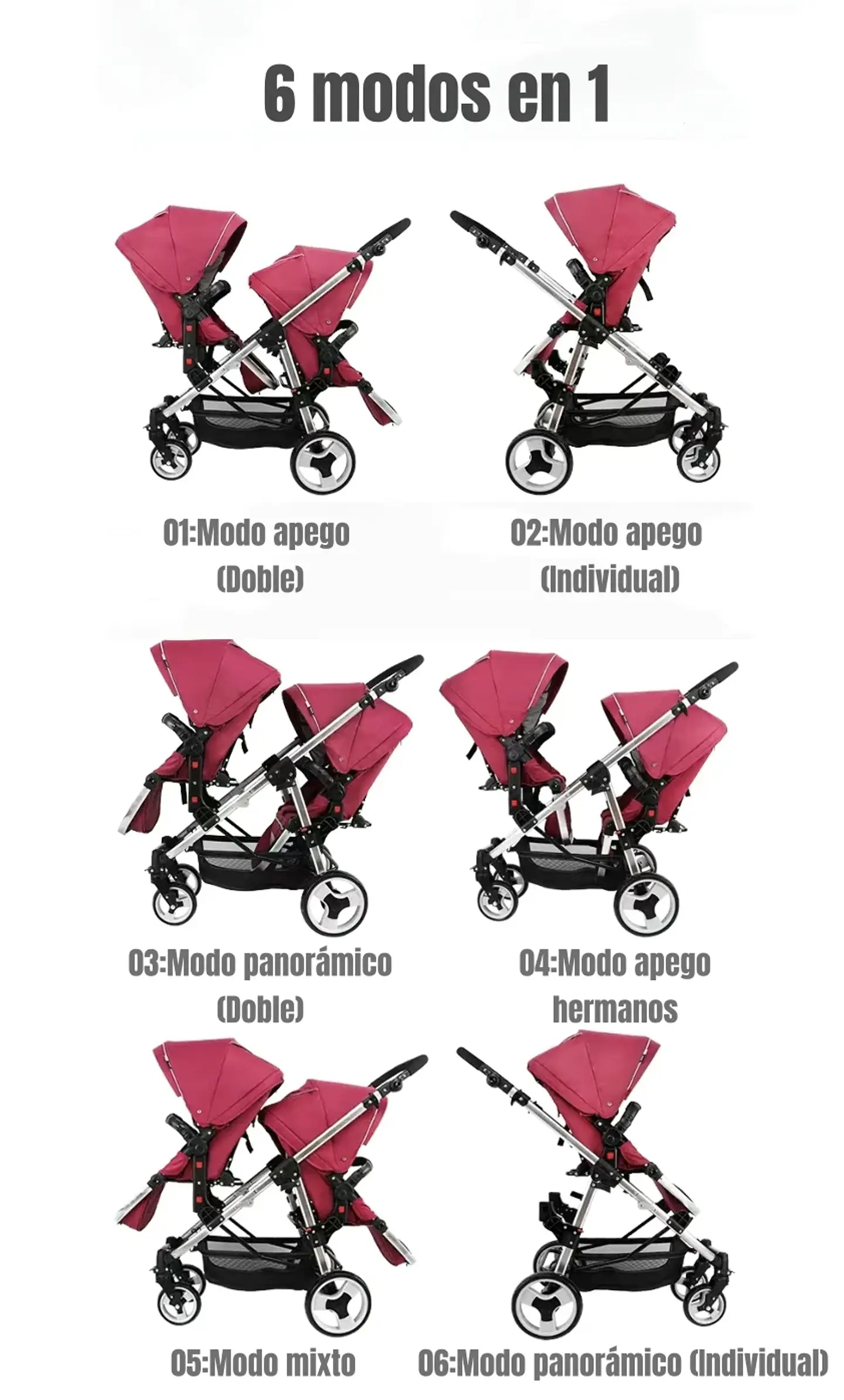 COCHE DOBLE DUO RECLINABLE 6 MODOS EN 1 LUBABYCAS NEGRO 2