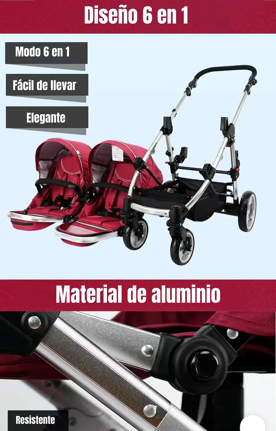 COCHE DOBLE DUO RECLINABLE 6 MODOS EN 1 LUBABYCAS NEGRO 3