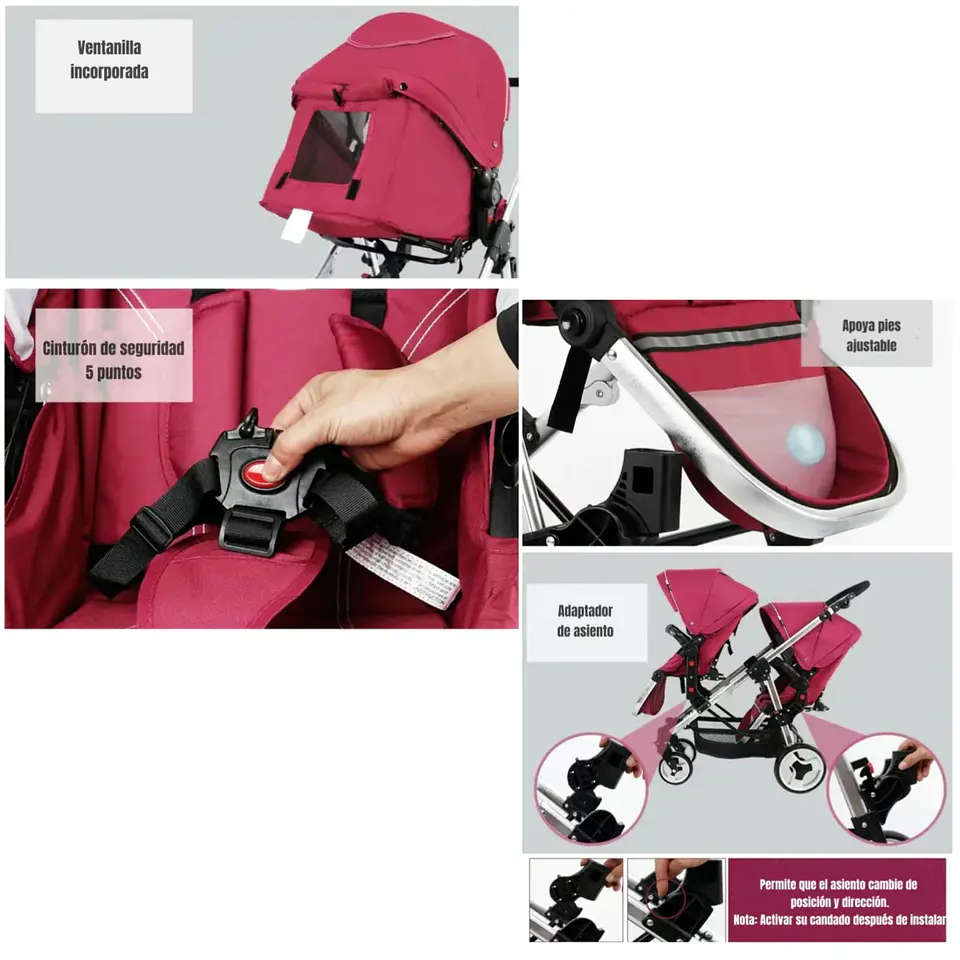 COCHE DOBLE DUO RECLINABLE 6 MODOS EN 1 LUBABYCAS NEGRO 4