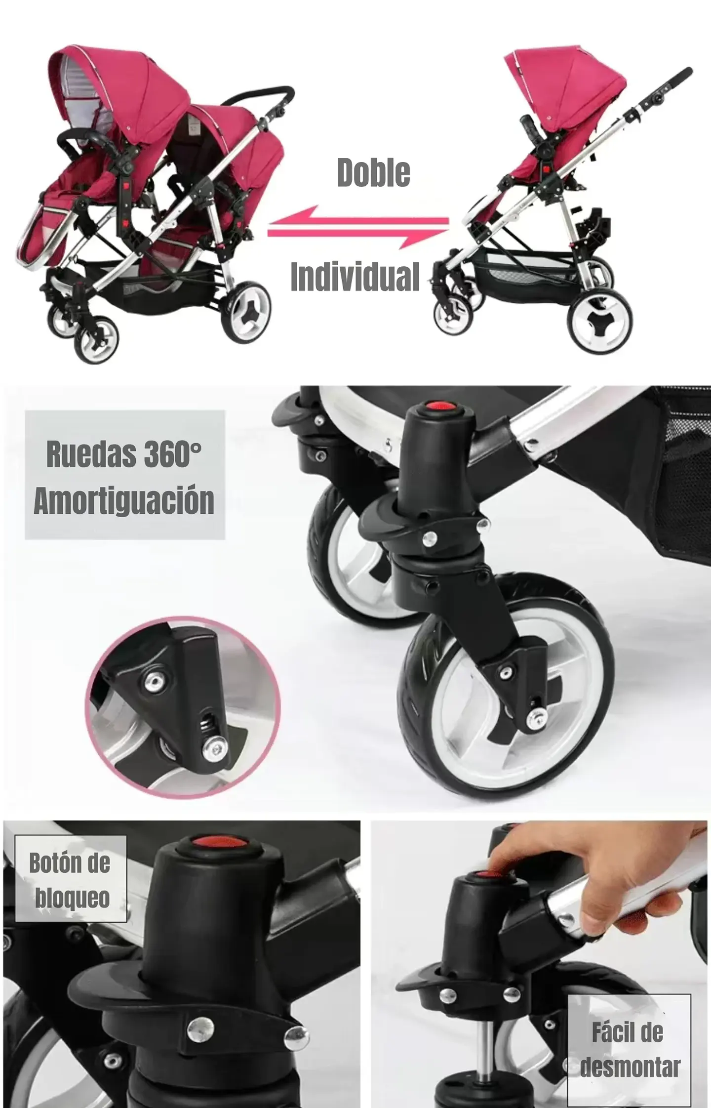 COCHE DOBLE DUO RECLINABLE 6 MODOS EN 1 LUBABYCAS NEGRO 7