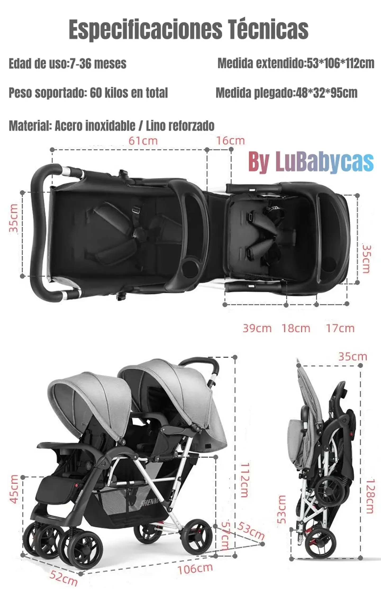 COCHE DOBLE DUO RECLINABLE PLEGABLE GRIS BY LUBABYCAS 9