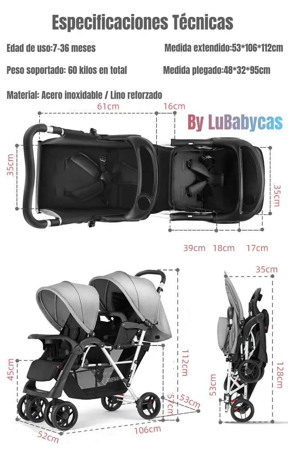 COCHE DOBLE DUO RECLINABLE PLEGABLE GRIS BY LUBABYCAS 9
