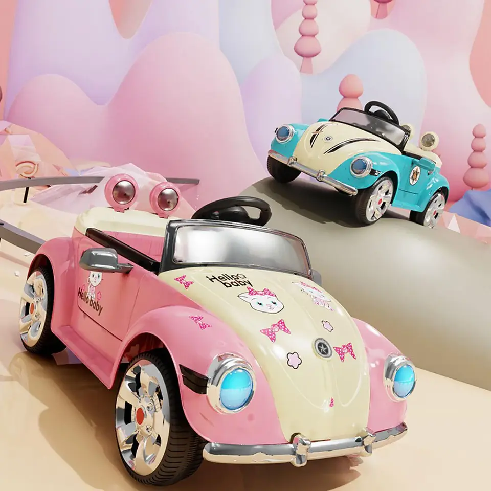 AUTO A BATERÍA BEETLE PARA NIÑOS CON MÚSICA Y LUCES ROSA 2