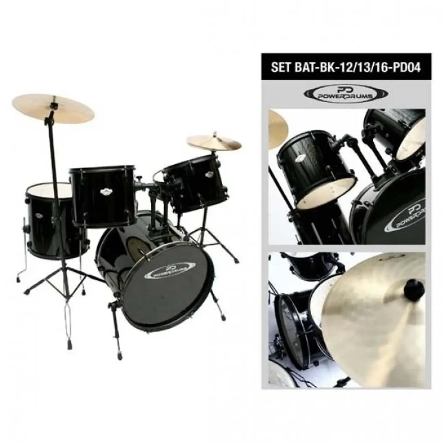 SET DE BATERÍA POWERDRUMS PD-04 12 13 16 PULGADAS NEGRA 1