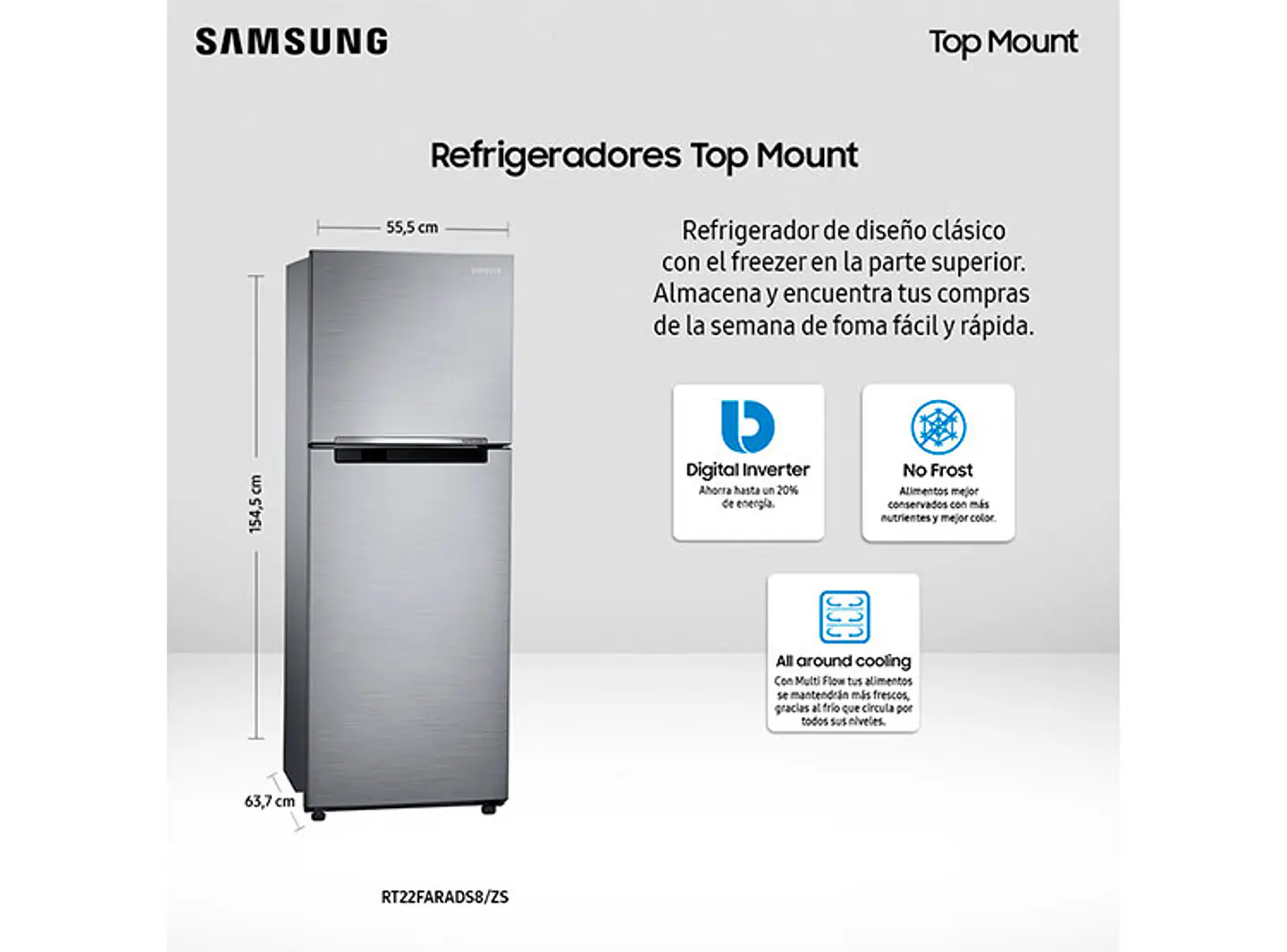 REFRIGERADOR SAMSUNG TOP FREEZER 234 L ALL AROUND COOLING RT22FARADS8/ZS 2