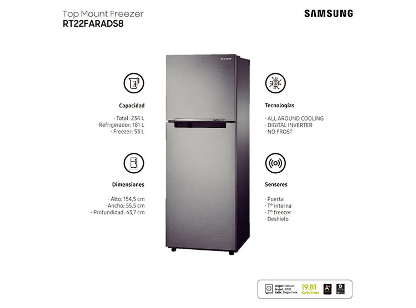 REFRIGERADOR SAMSUNG TOP FREEZER 234 L ALL AROUND COOLING RT22FARADS8/ZS 4