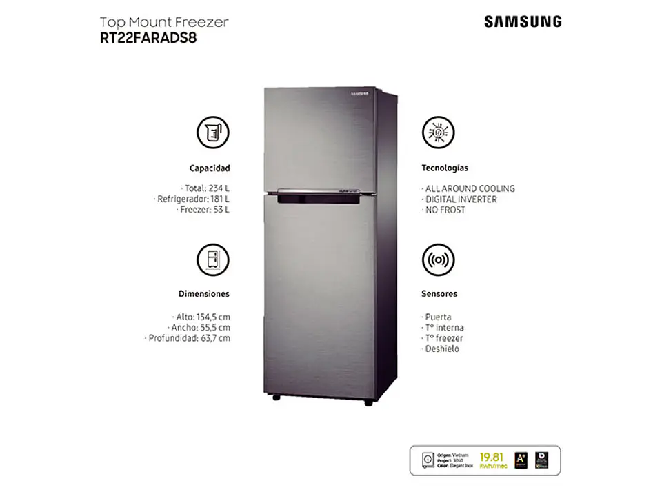 REFRIGERADOR SAMSUNG TOP FREEZER 234 L ALL AROUND COOLING RT22FARADS8/ZS 4