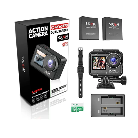 PACK CÁMARA DEPORTIVA SJCAM SJ10 PRO 4K 60FPS WIFI ESTABILIZADOR CON CARGADOR 2 BATERIAS RELOJ Y MIC