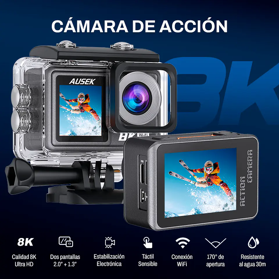 CÁMARA DEPORTIVA AUSEK 8K 50MP ULTRAHD CON ACCESORIOS ACCIÓN 2