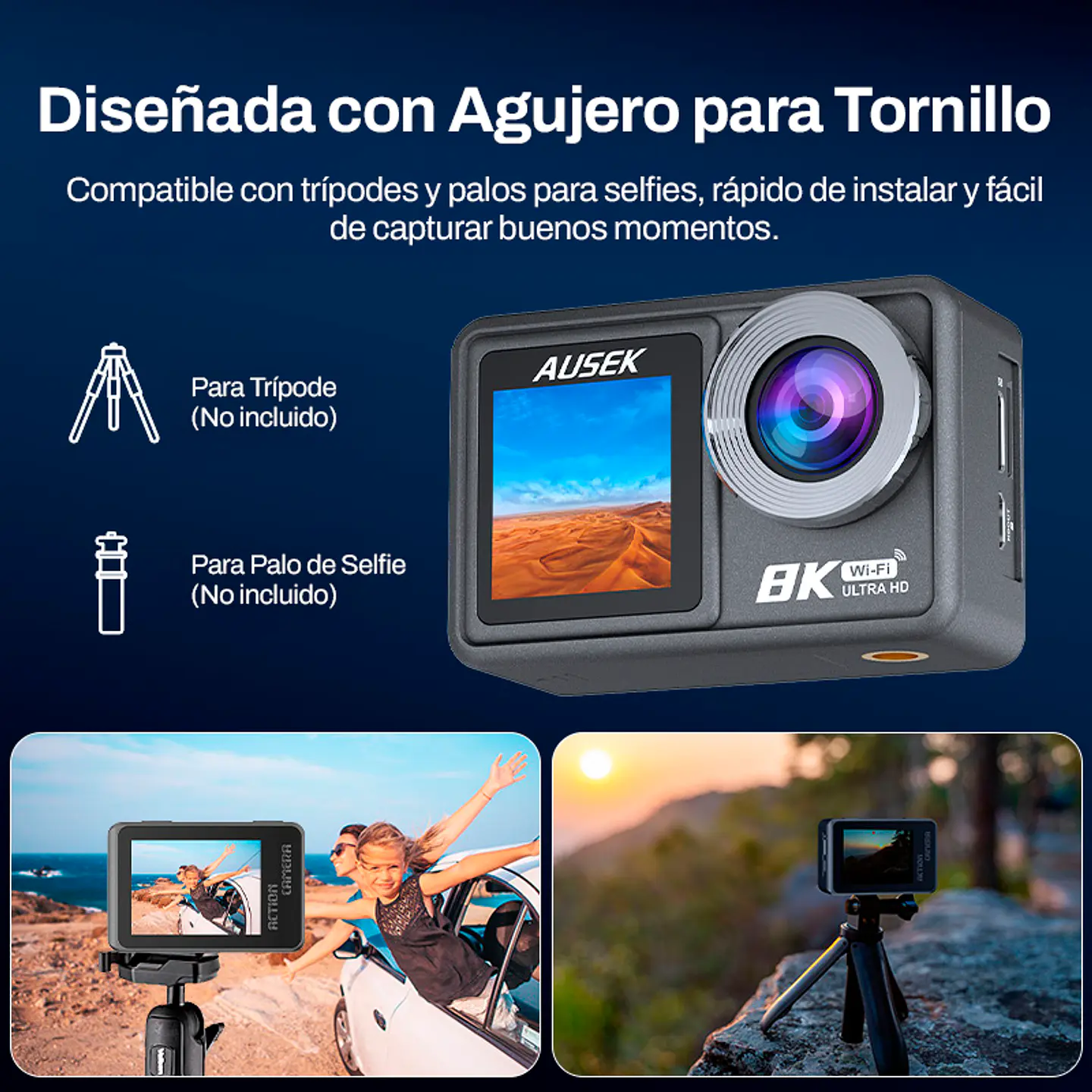 CÁMARA DEPORTIVA AUSEK 8K 50MP ULTRAHD CON ACCESORIOS ACCIÓN 8