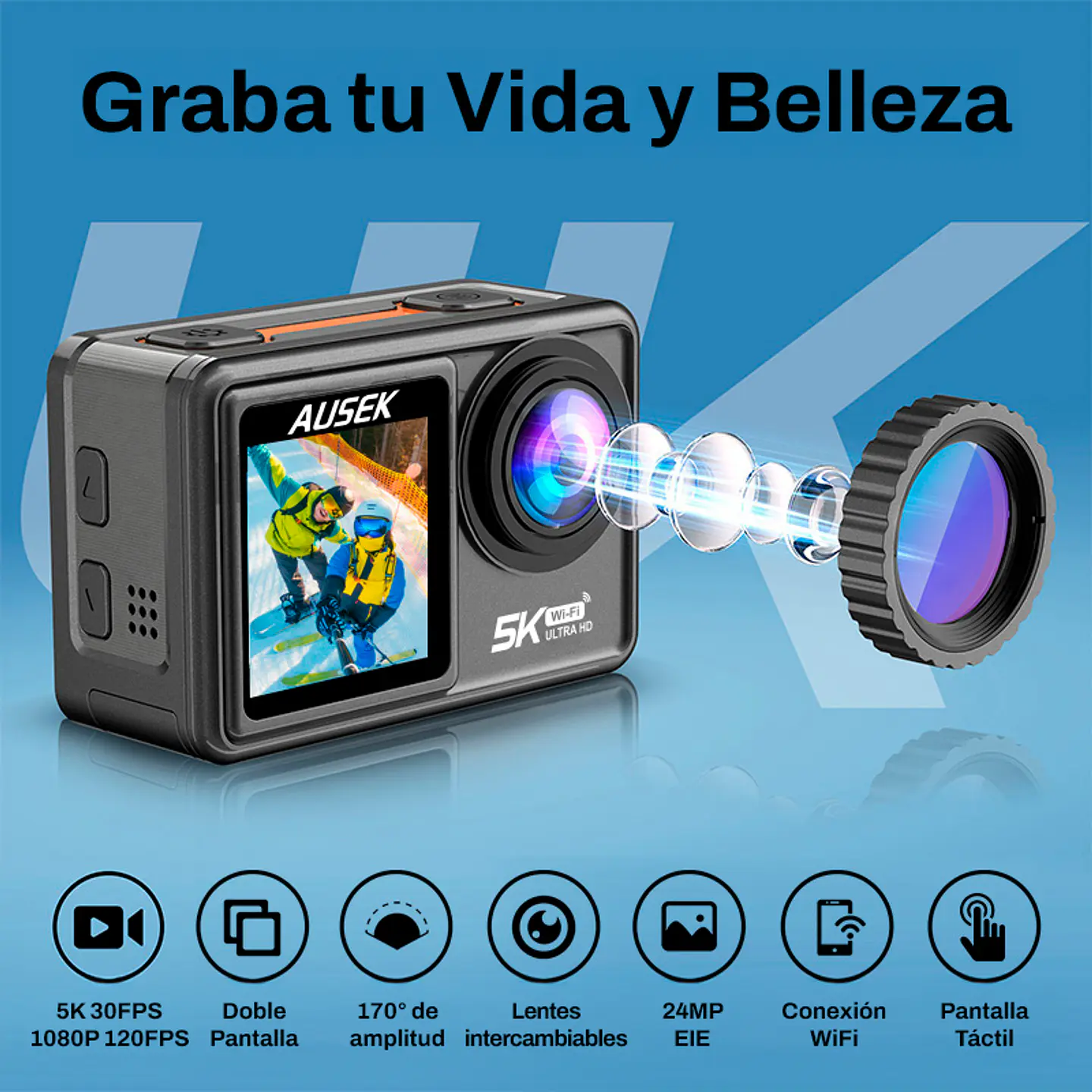 CÁMARA DEPORTIVA 5K 24MP ULTRAHD CON MICROFONO Y ACCESORIOS 4
